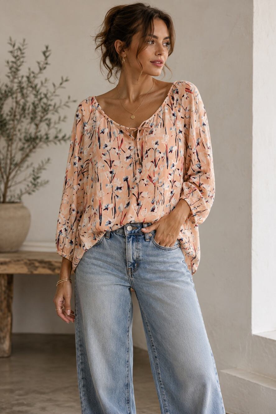 Haute Hippie Peach Floral Oversized Slit Sleeve Blouse Womens XS Spring Ruffle